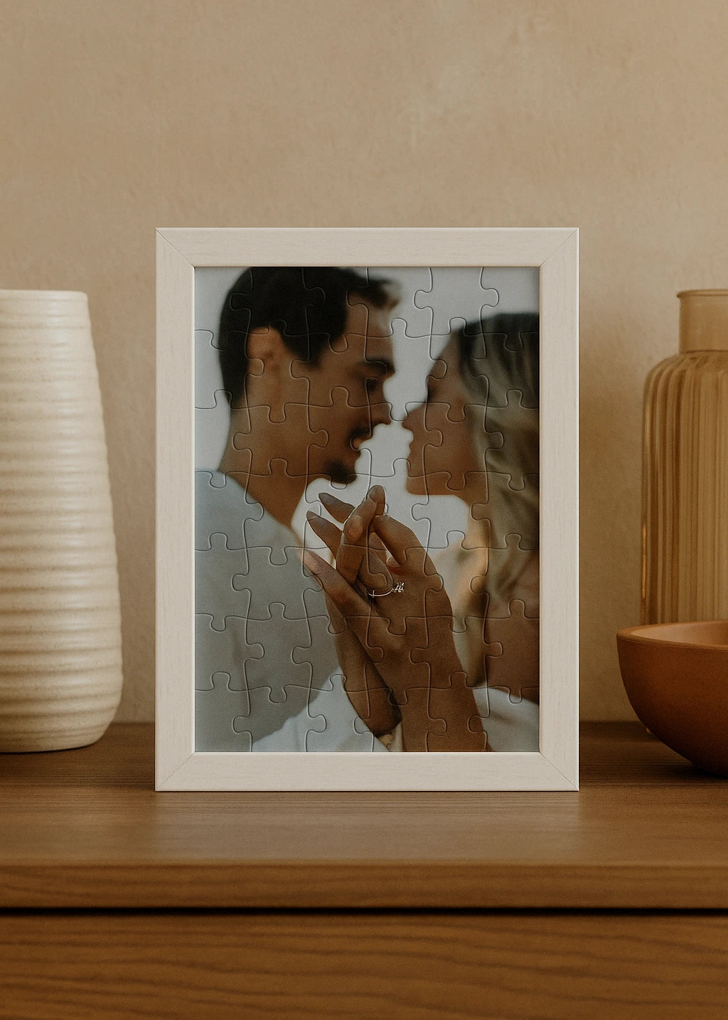 personalized wooden puzzle showing a couple outdoors sharing a romantic moment while displaying their engagement ring framed in white