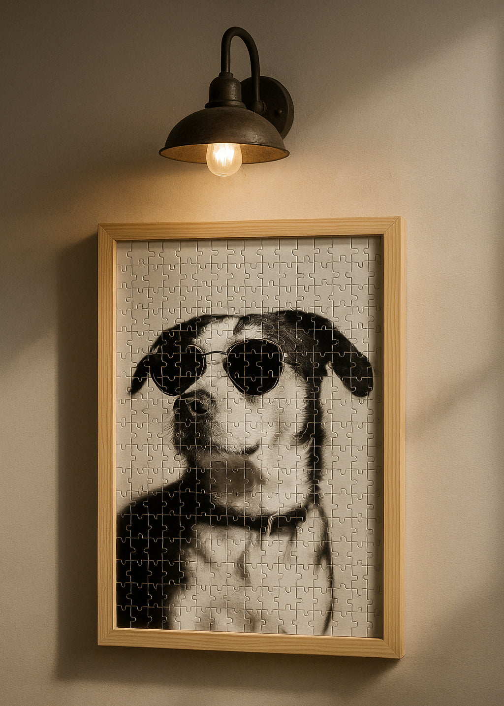 personalized wooden puzzle featuring a stylish dog wearing sunglasses framed in light wood under a vintage lamp fun and elegant wall decor